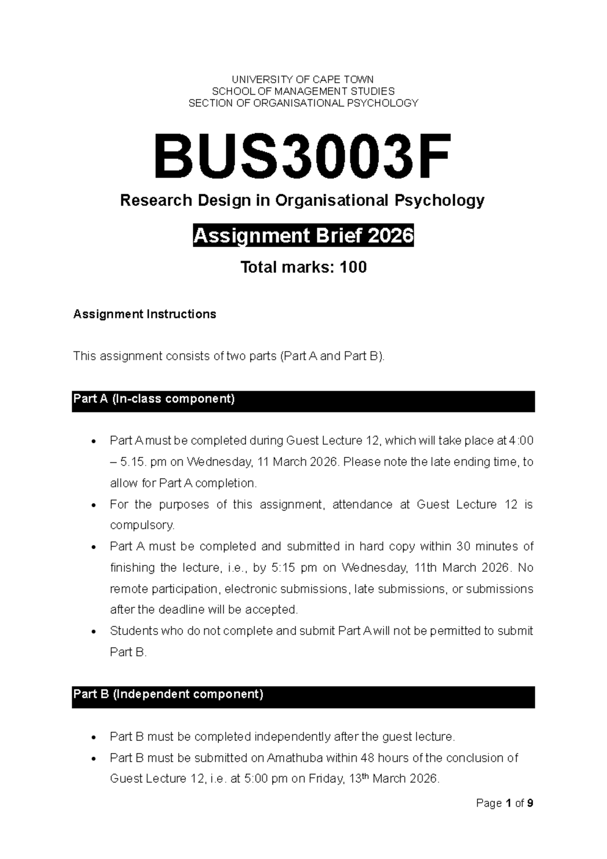 BUS3003F 2026 Research Design in Organisational Psychology Assignment ...