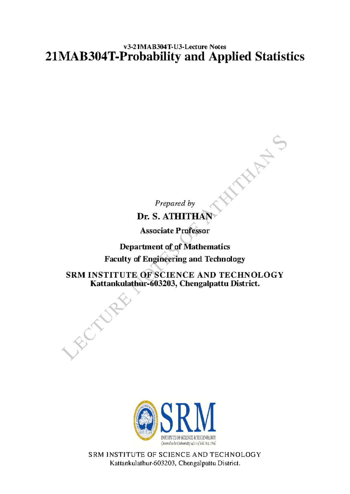 V3-21MAB304T-U3: Unit 3 Lecture Notes on Estimation Theory - Studocu
