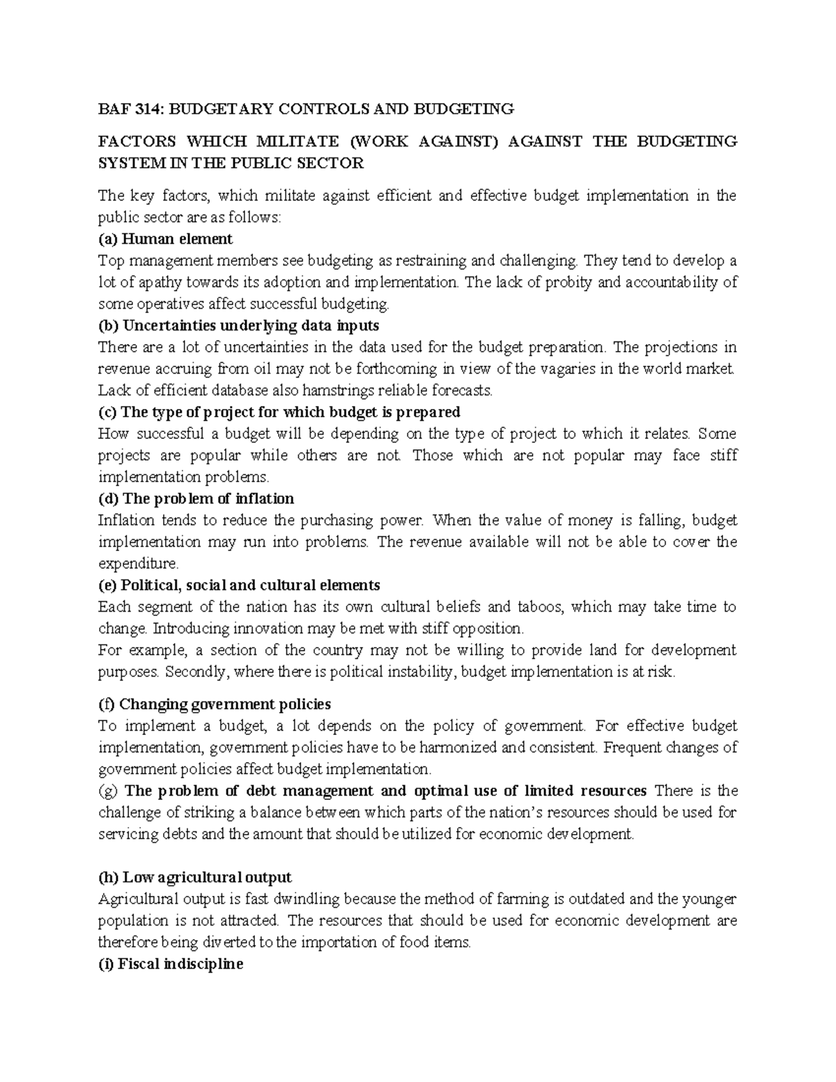 BAF 314 - Budgetary Controls AND Practical Budget Preparatio - Examples ...