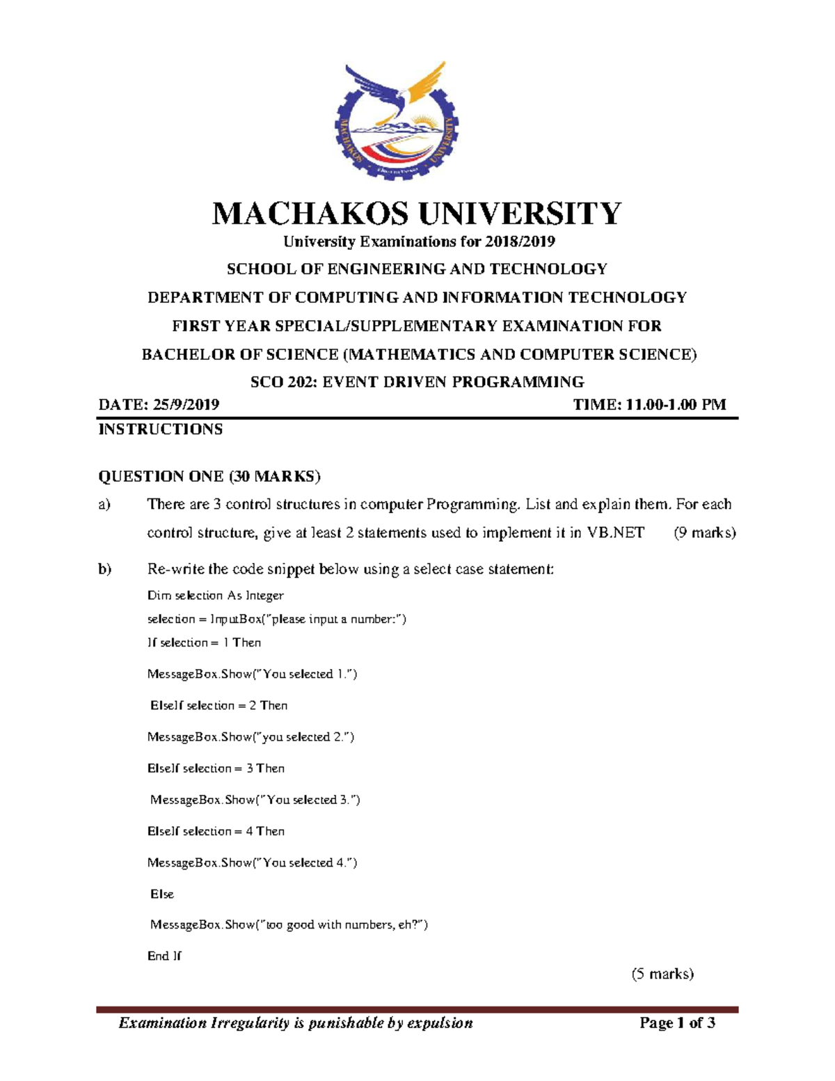 SCO 202 Event Driven Programming 2 - Examination Irregularity is ...