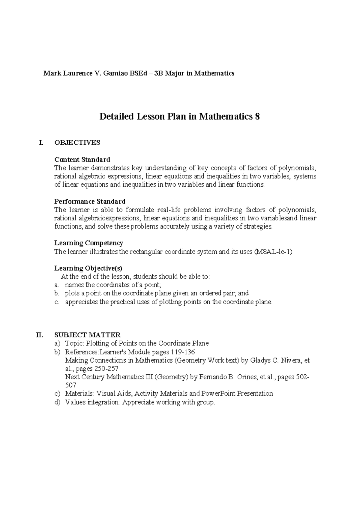 DLP - Math 8 - Lesson Plan on Plotting Points in Cartesian Plane - Studocu