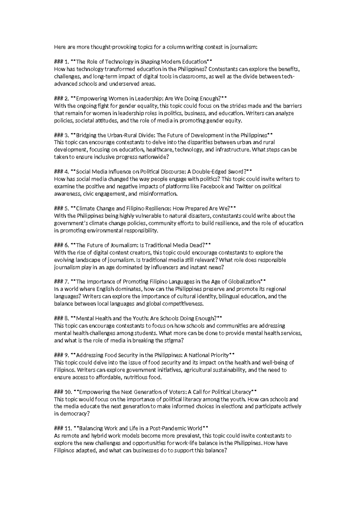 MORE Topics for Column Writing Contest in Journalism - Studocu