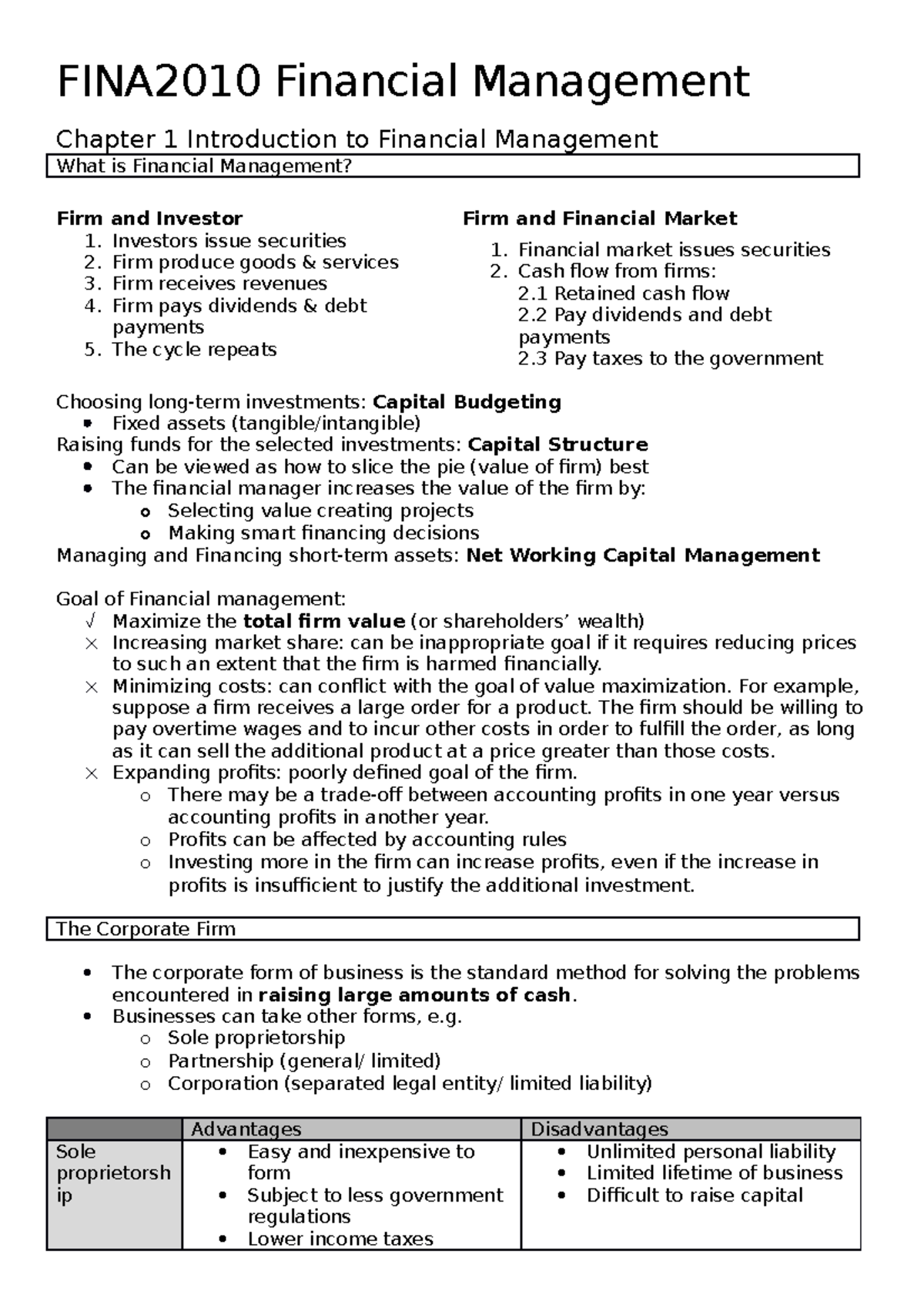 FINA 2010 Notes Chapter 1 - FINA2010 Financial Management Chapter 1 ...
