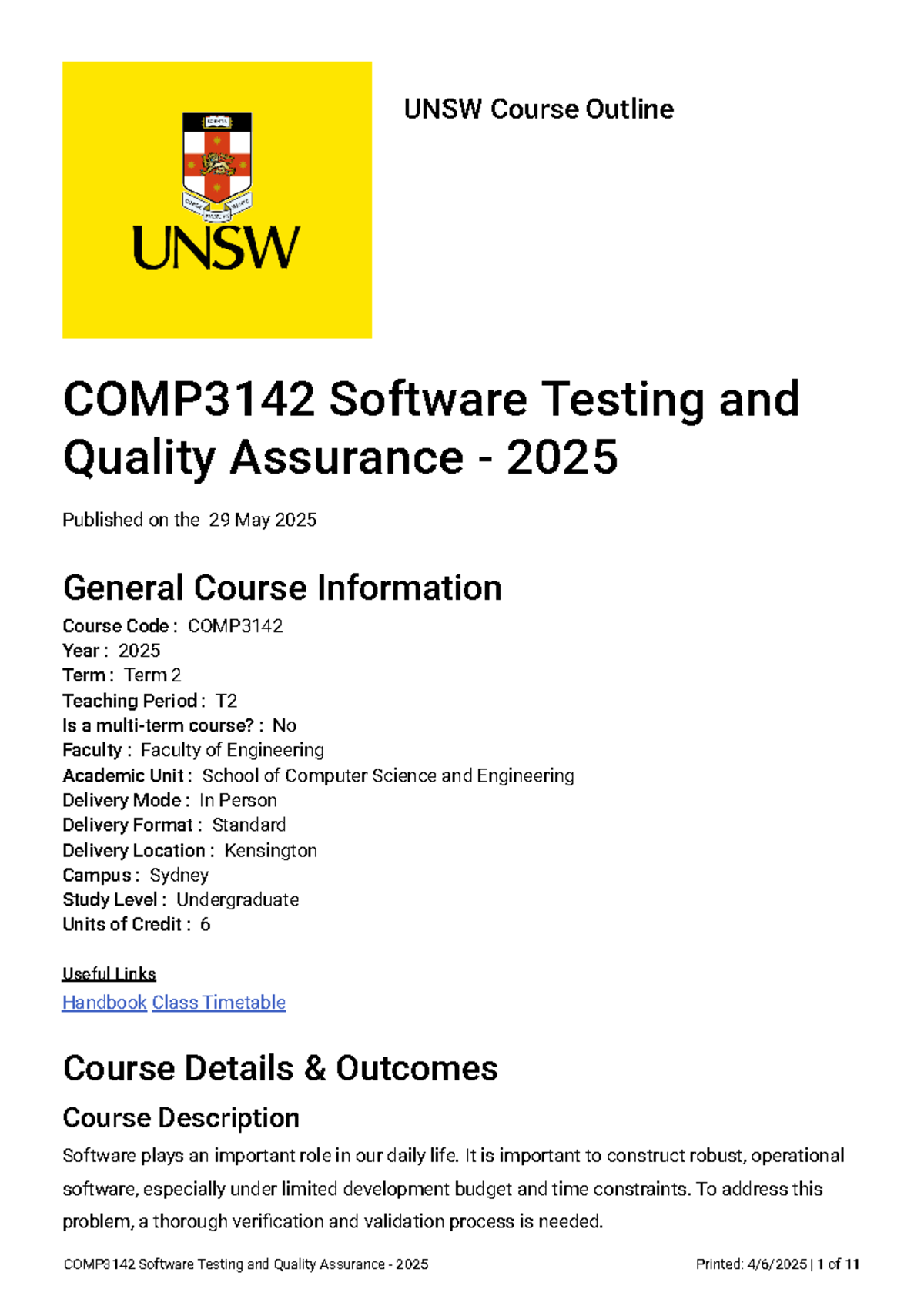 COMP3142 Course Outline: Software Testing & Quality Assurance T2 2025 ...