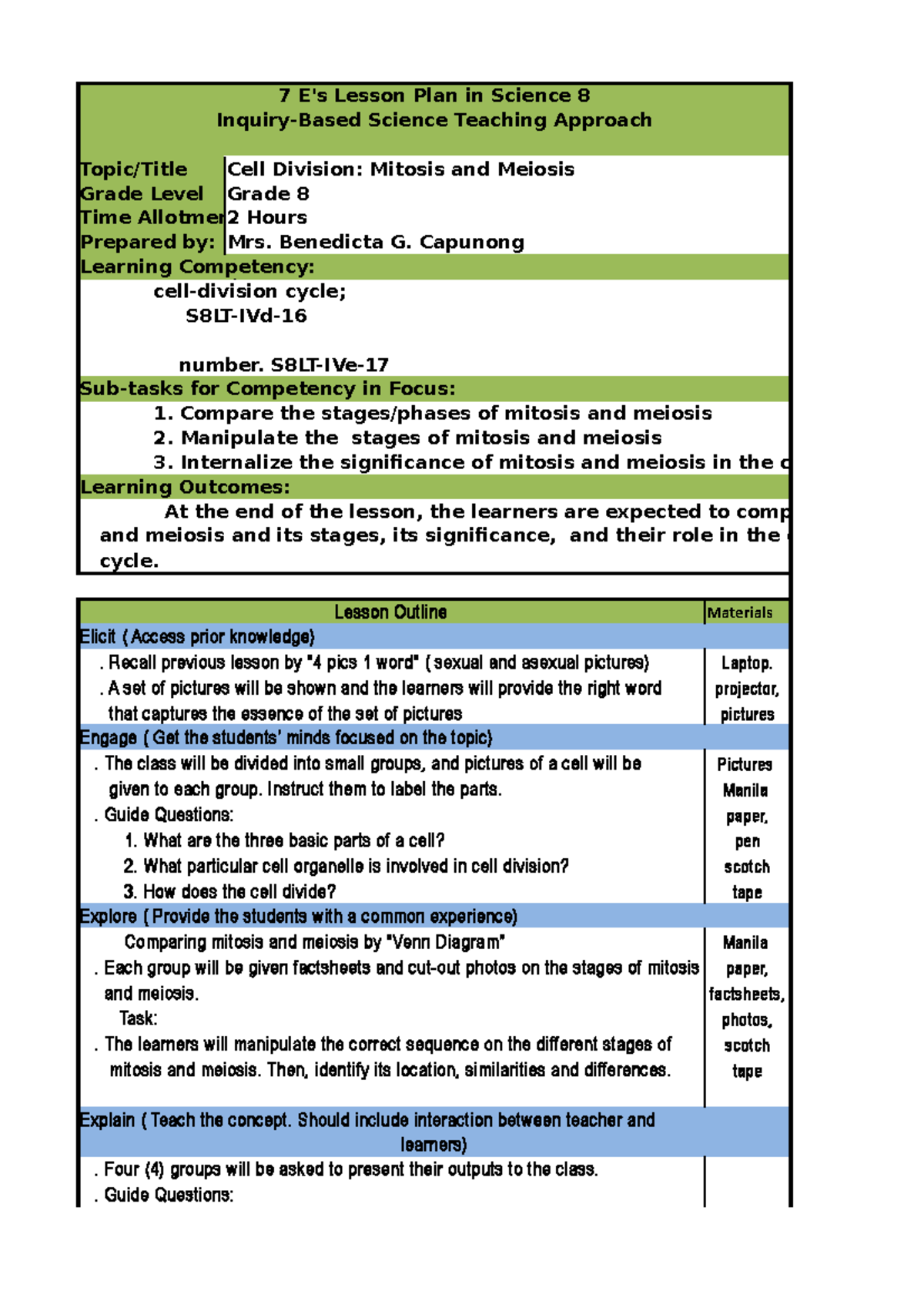 Science 8 Lesson Plan: Stages of Cell Division - Mitosis & Meiosis ...