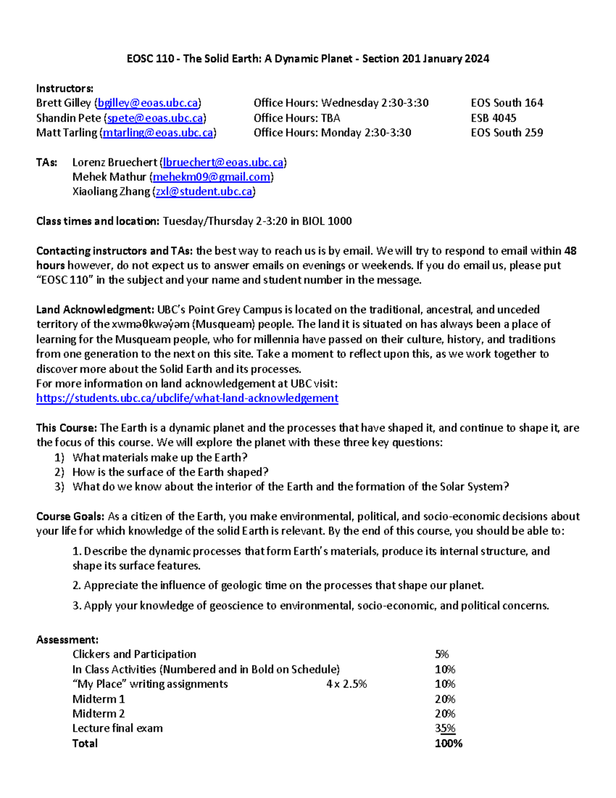 EOSC 110 Syllabus - The Solid Earth: A Dynamic Planet (Jan 2025) - Studocu