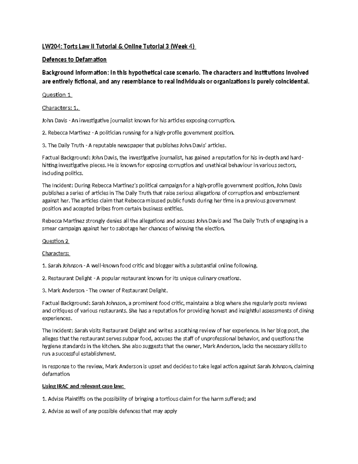 LW204: Torts Law II Final Exam Guide - Semester 2 2022 - Studocu