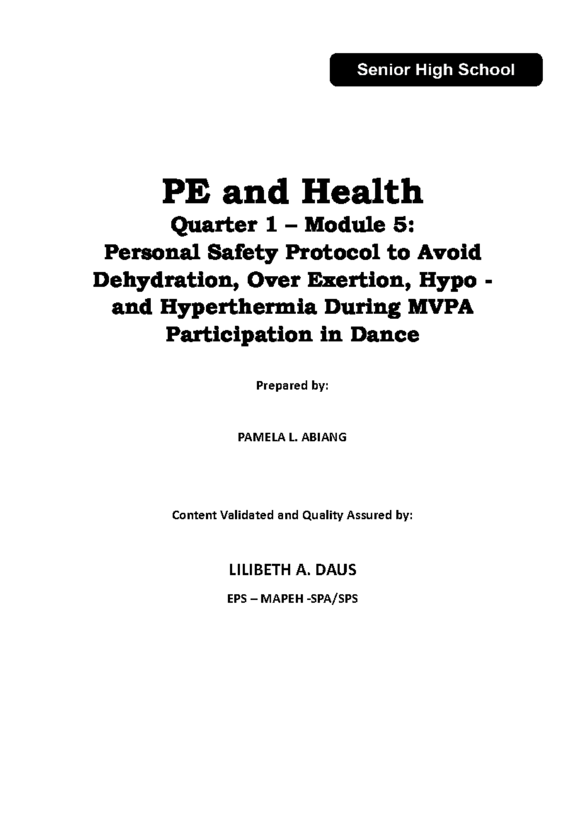 PE and Health 12: Module 5 - Personal Safety in Dance Activities - Studocu