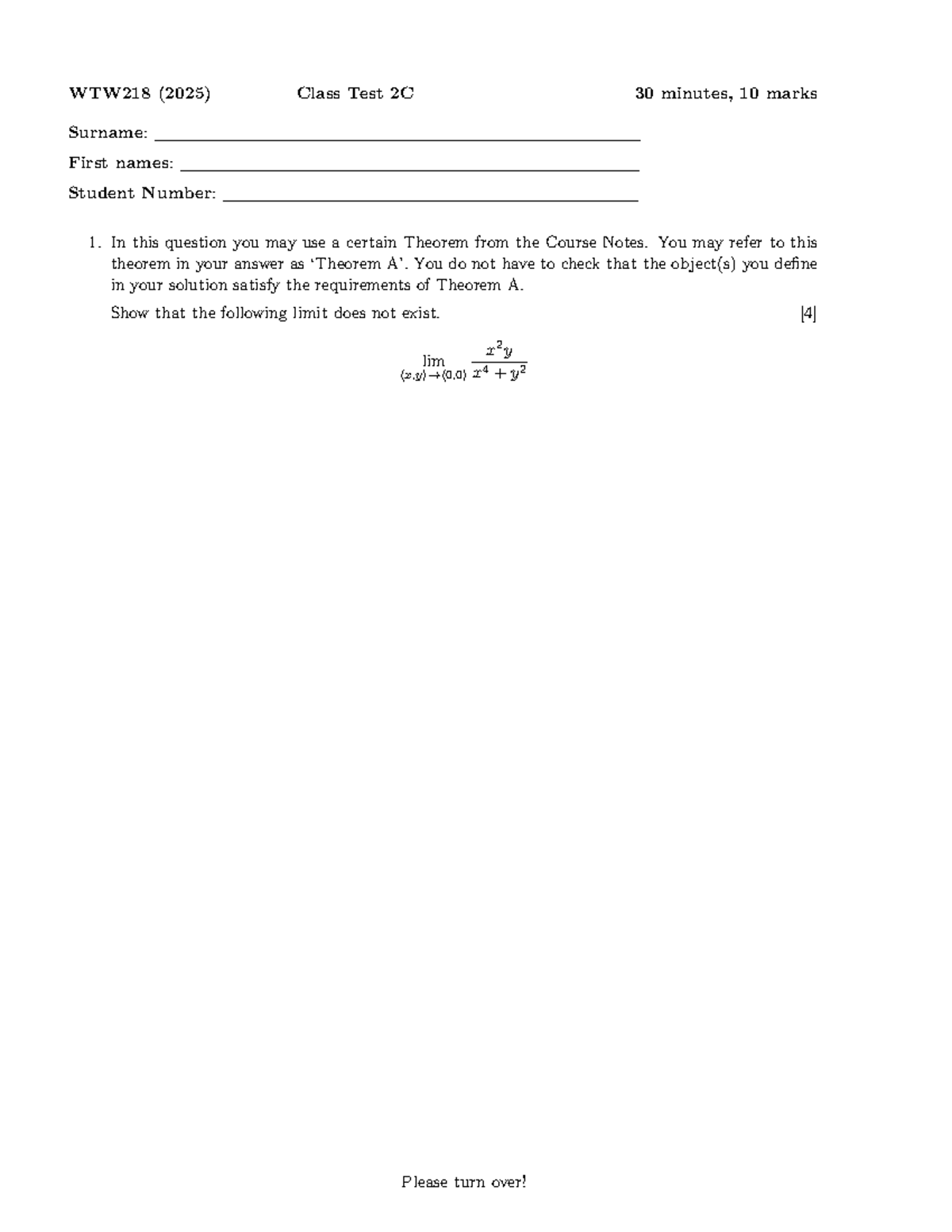 WTW218 (2025) Class Test 2C: Limit Non-Existence Problem - Studocu