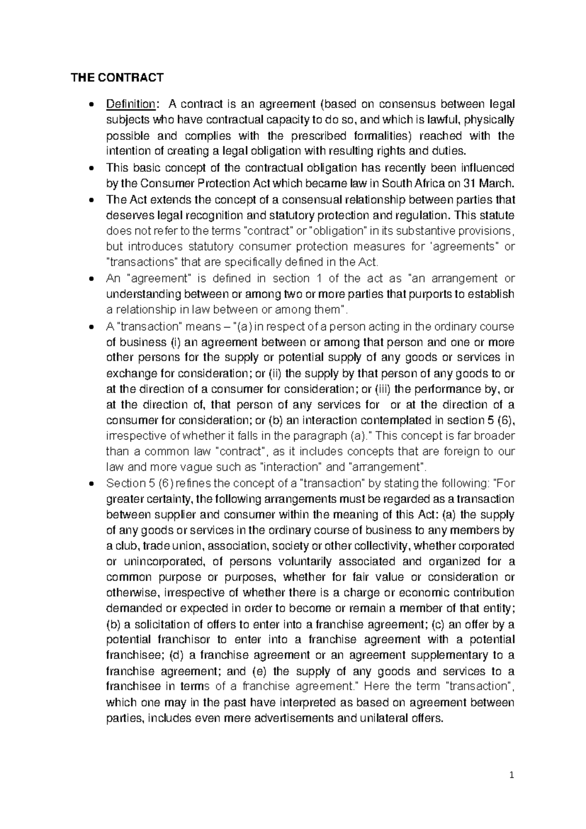 Lecture 4 - Notes - THE CONTRACT Definition: A contract is an agreement ...