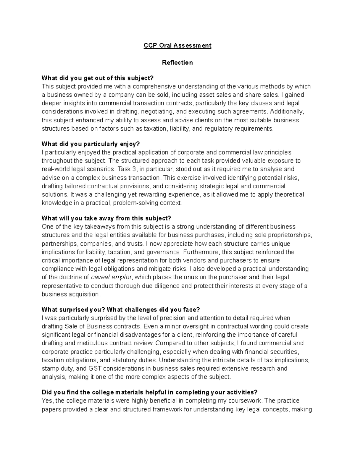 CCP Oral Assessment Reflection: Insights on Business Sales & Law - Studocu
