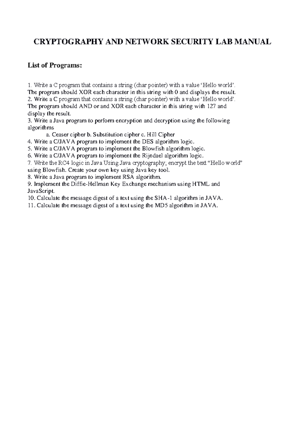 Cryptography and Network Security Lab Programs (JNTUH R18) - Studocu