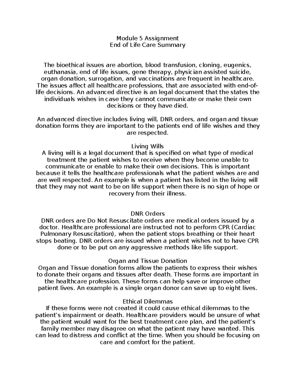 Mpoltorak Module 5 Assignment: Summary of End of Life Care Ethics - Studocu