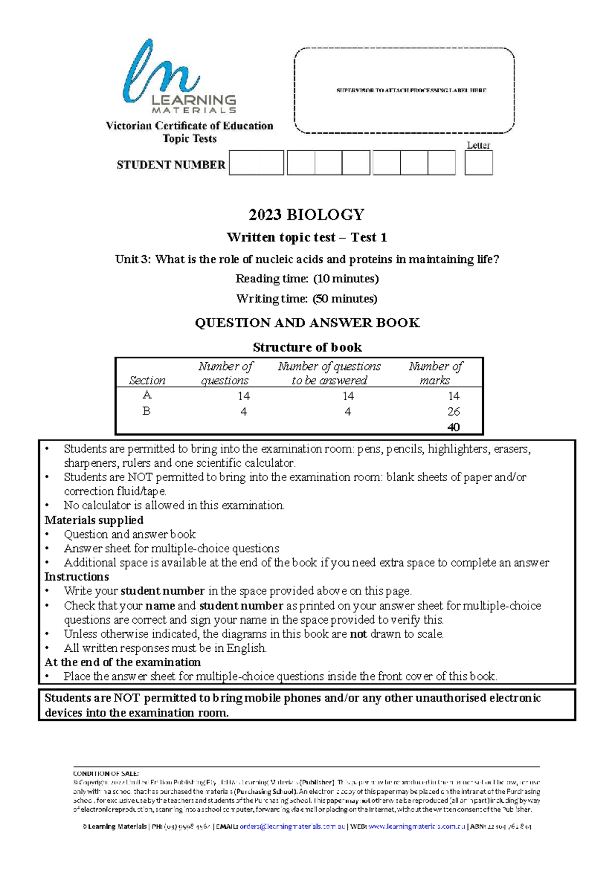 2023 VCE BIOLOGY Unit 3 Topic Test 1: Nucleic Acids & Proteins - Studocu
