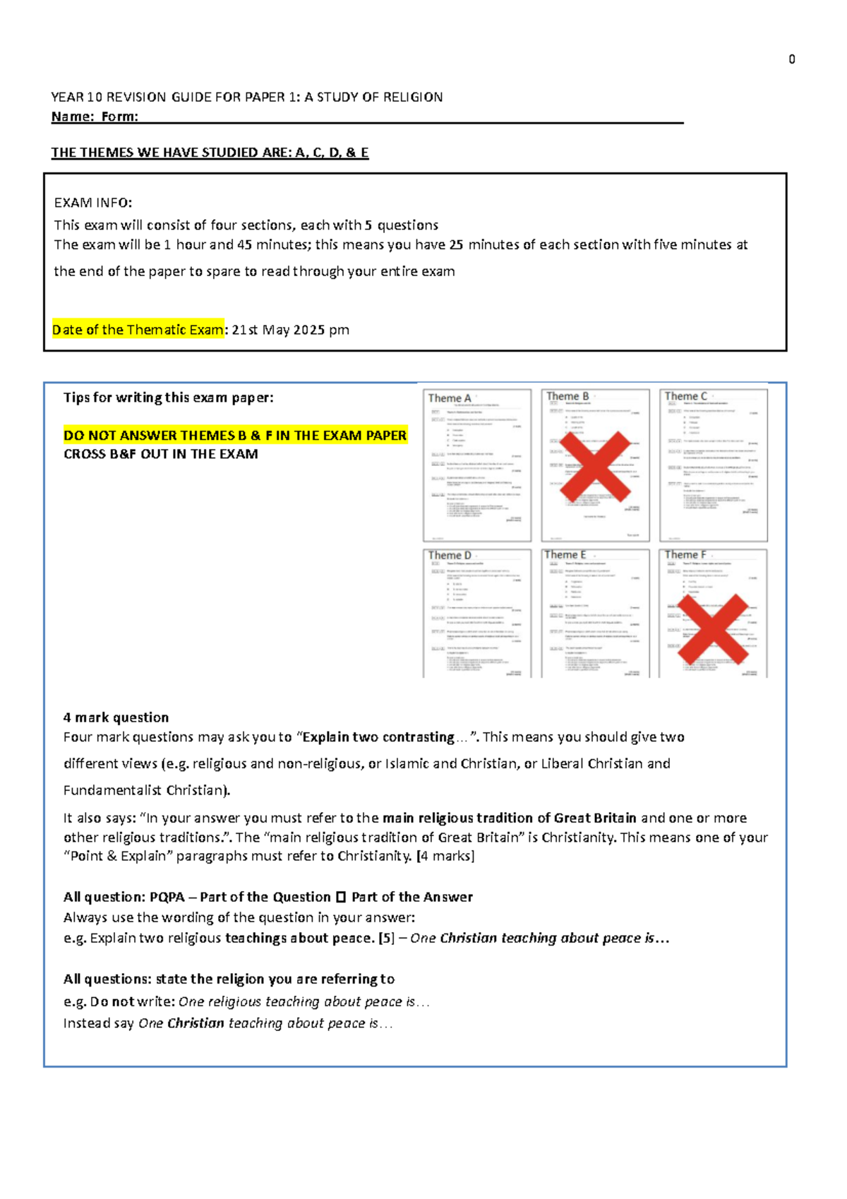 Year 10 Revision Guide for Paper 1: A Study of Religion Themes & Exam ...