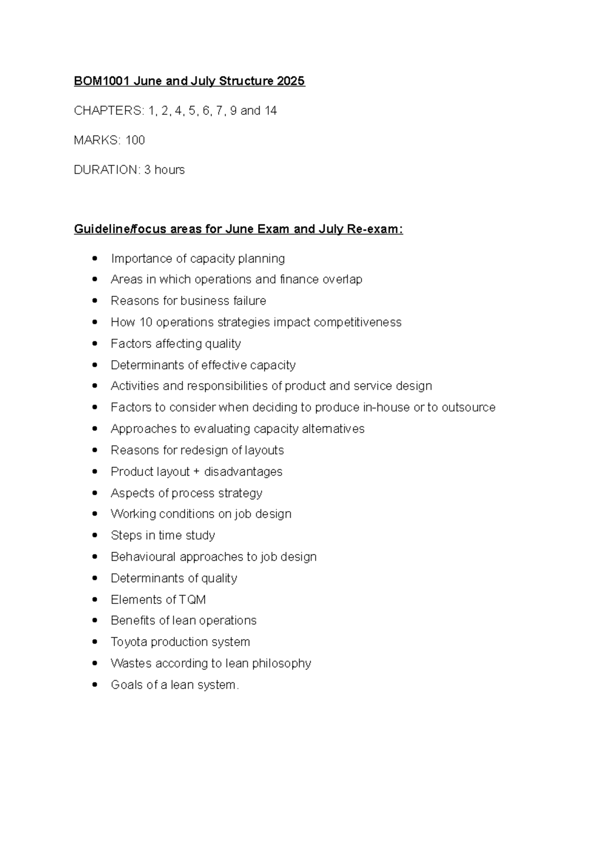 BOM1001 Exam Structure & Guidelines for June/July 2025 - Studocu