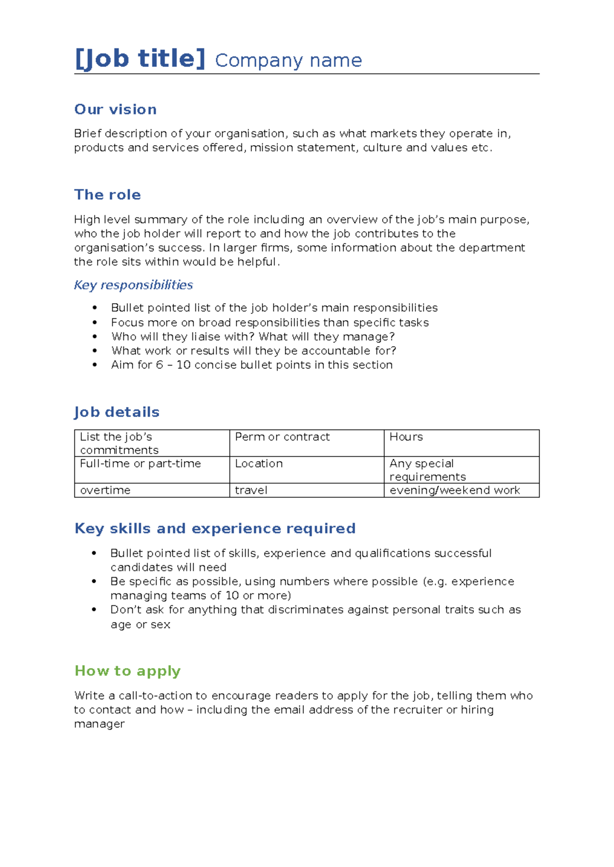 Corporate job description template - [Job title] Company name Our ...