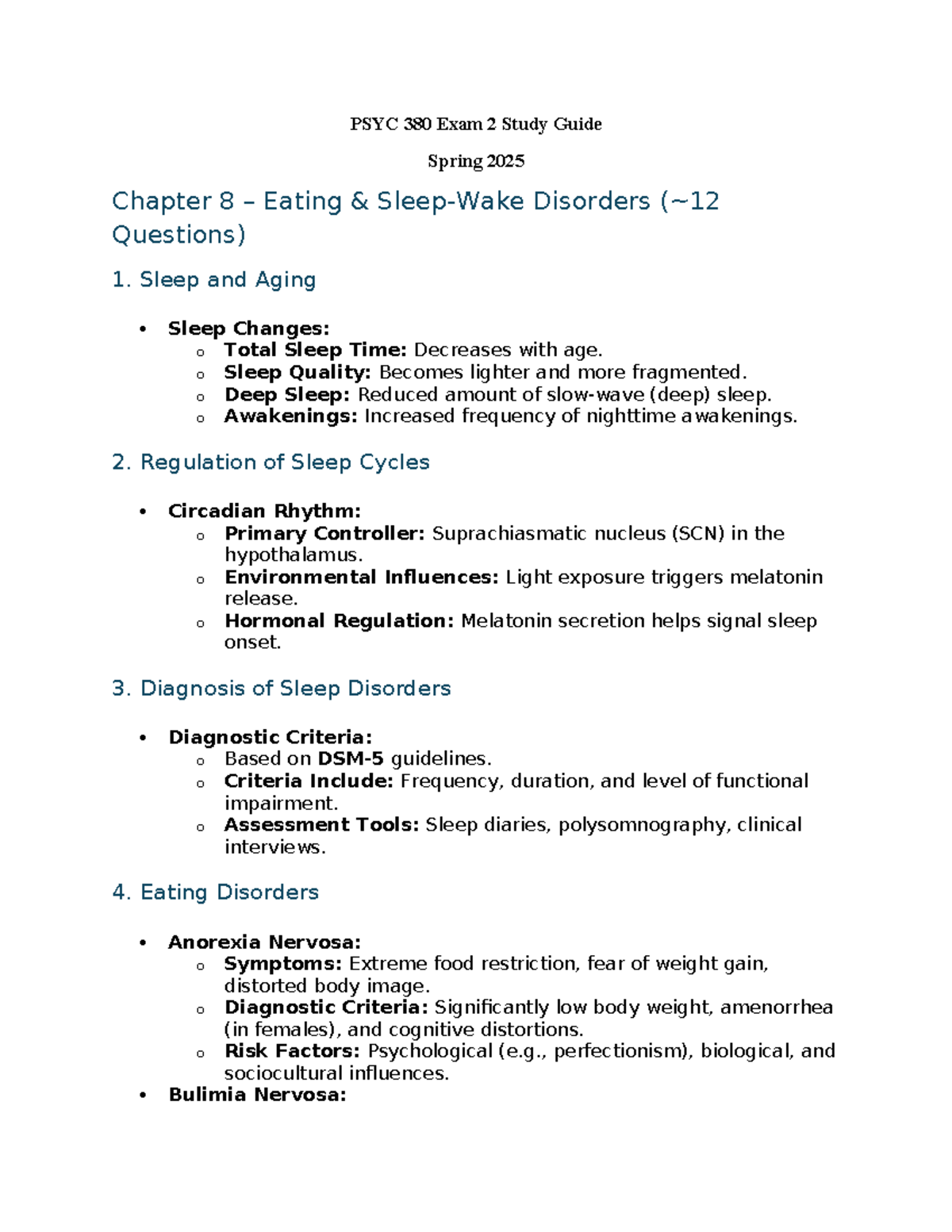 PSYC 380 Exam 2 Study Guide: Eating Disorders & Sleep Disorders ...