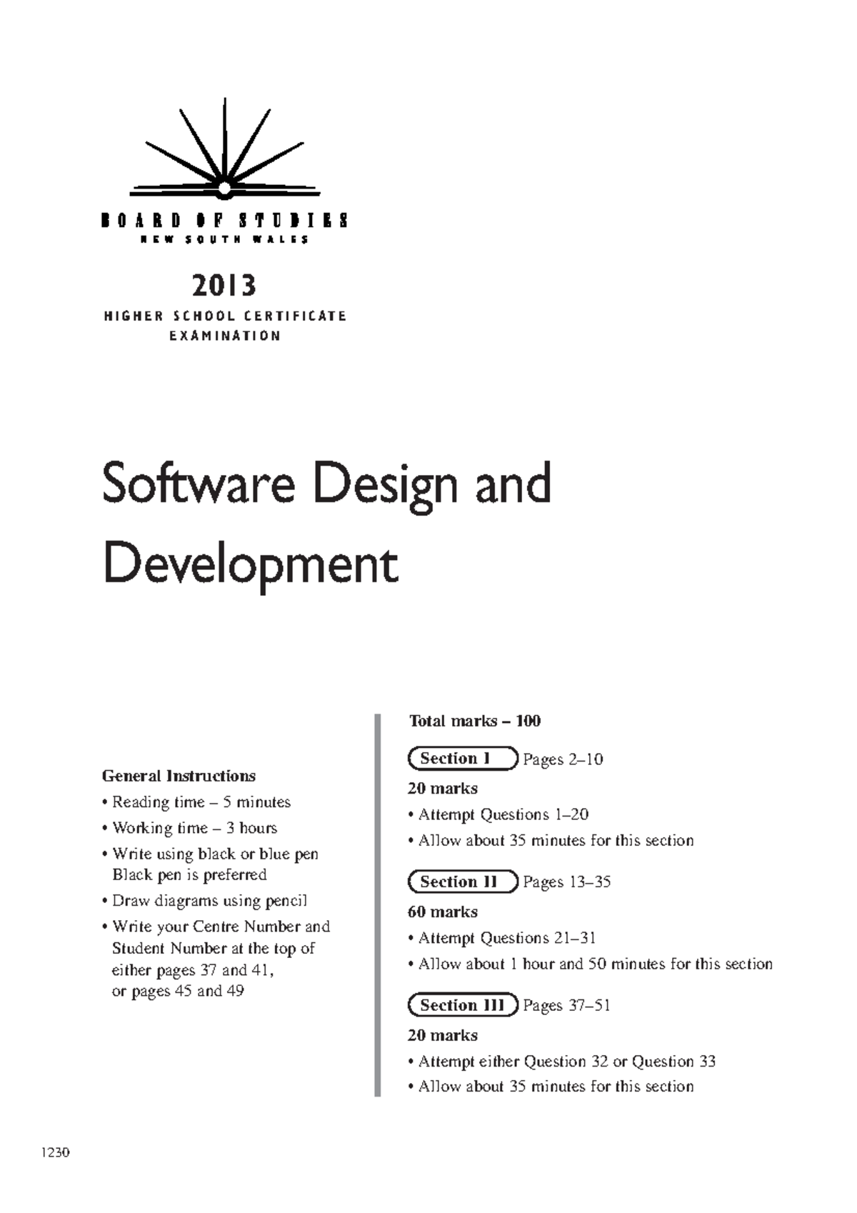 Software design+ dev hsc exam 2013 - 2013 HIGHER SCHOOL CERTIFICATE ...
