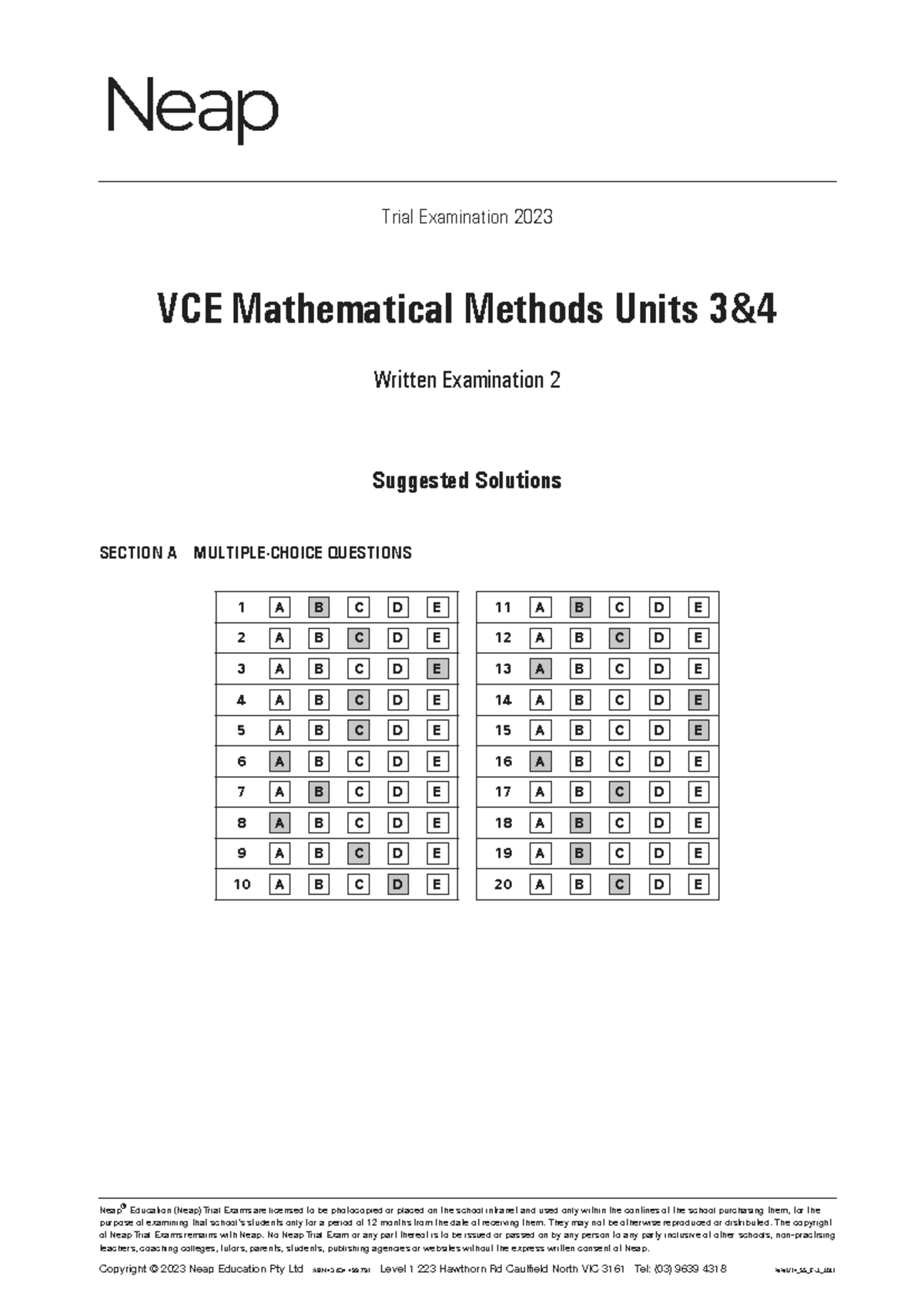 2023 VCE Mathematical Methods Units 3 & 4 Trial Exam 2 Solutions - Studocu