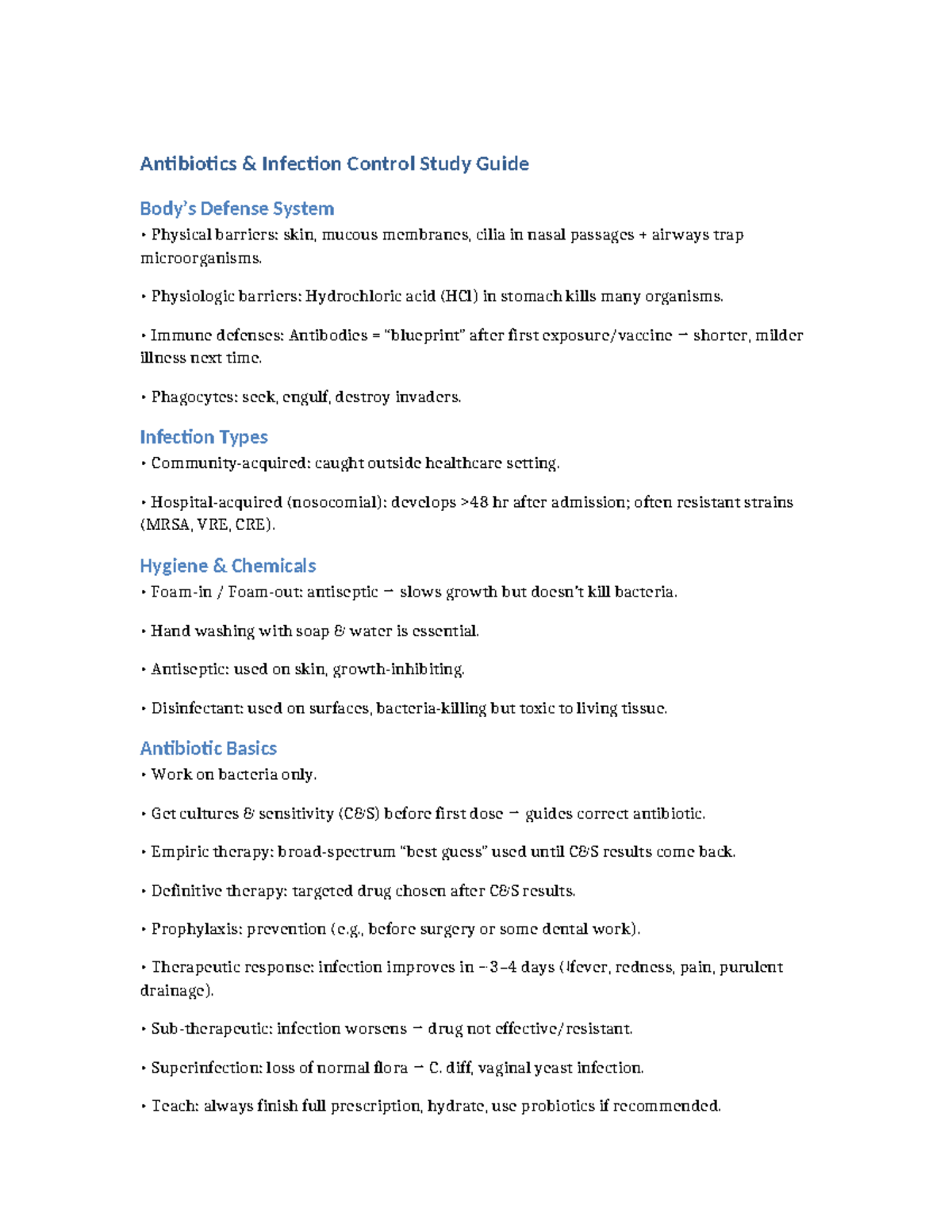 Antibiotics Infection Control Study Guide (NURS 101) - Studocu