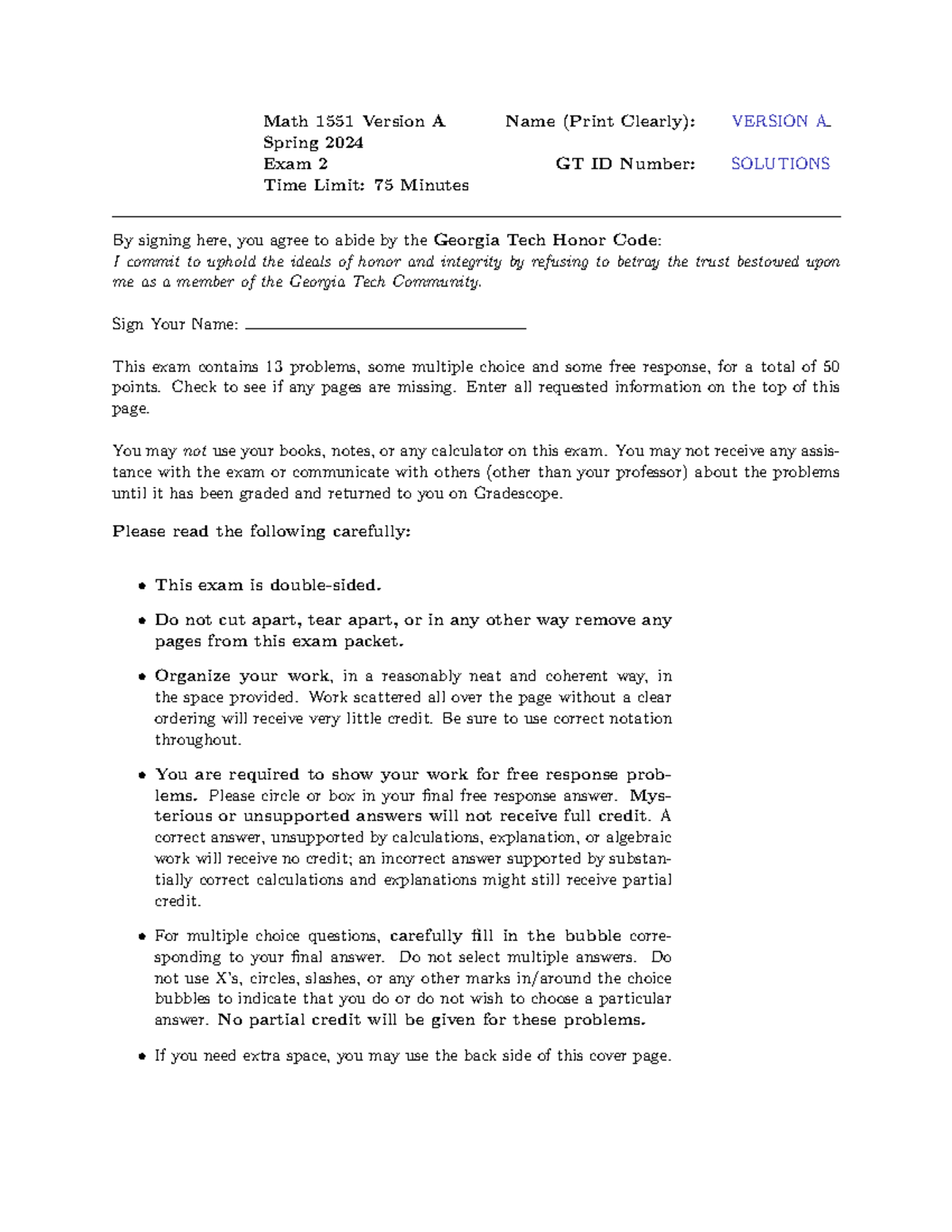 Math 1551 Spring 2024 Exam 2 Solutions - Version A - Studocu