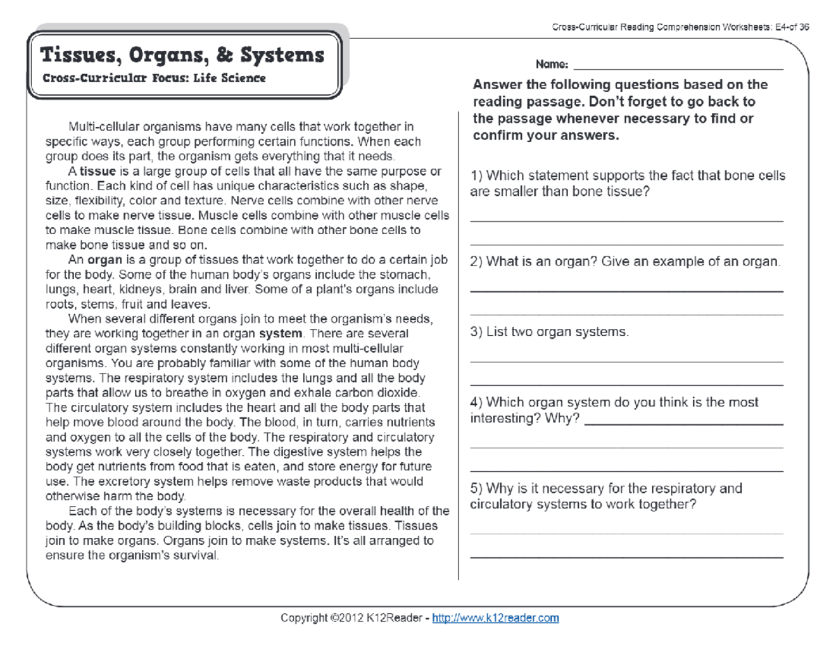 Tissues, Organs and Systems 5th Grade Reading Comprehension Worksheet ...