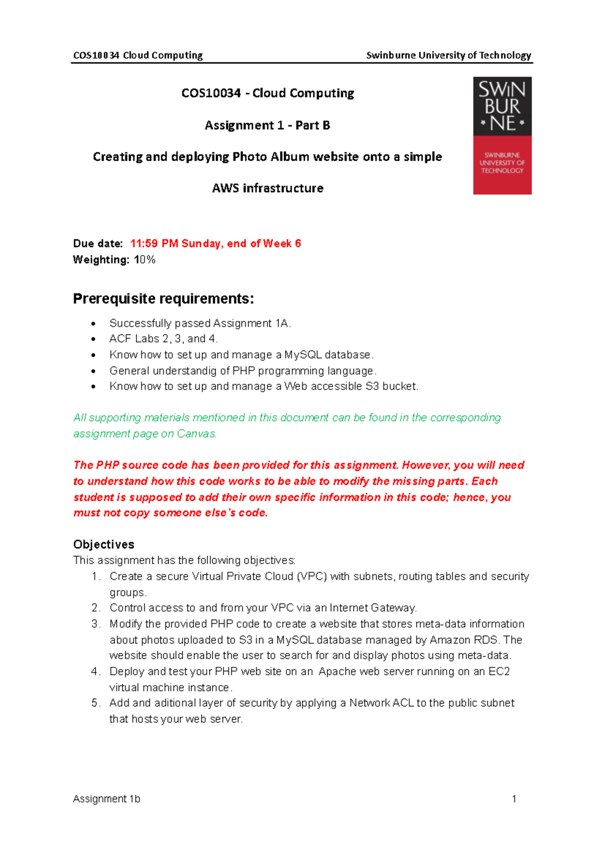 COS10034 Cloud Computing Assignment 1B: Photo Album Website on AWS ...