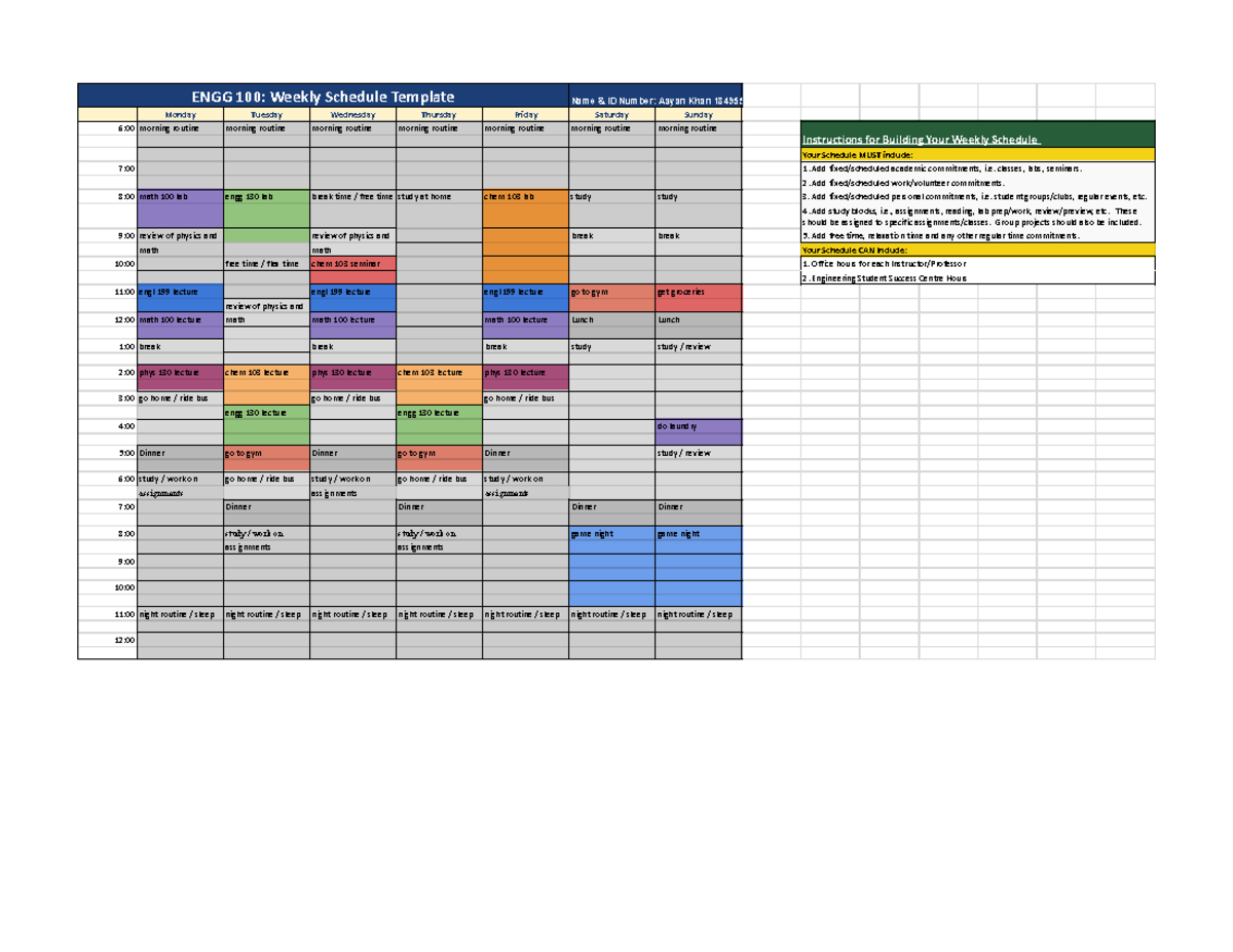 ENGG 100: Weekly Schedule Template for Academic Success - Studocu