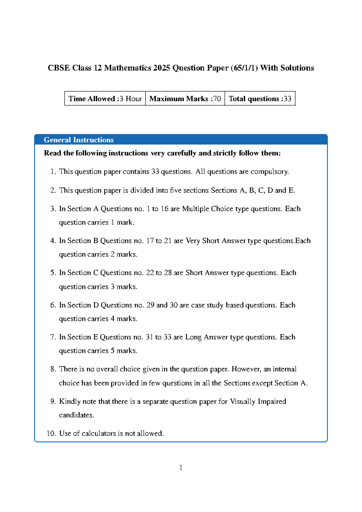 CBSE Class 12 Mathematics 2025 Question Paper with Solutions - Studocu