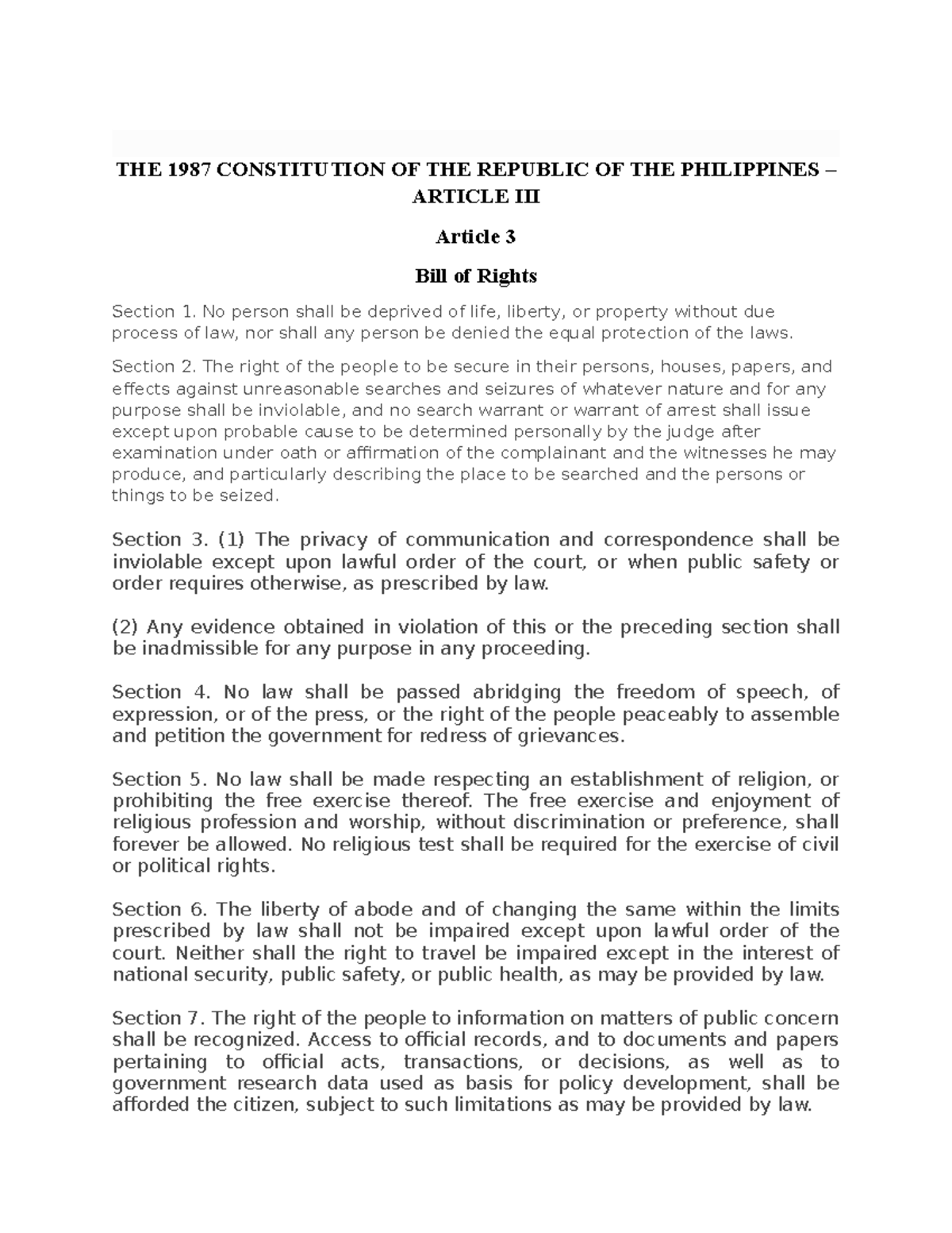 Art 3 Bill of Rights: Summary and Analysis of Key Provisions - Studocu