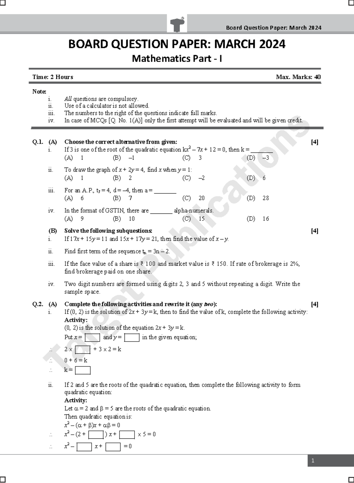 Board Question Paper: Mathematics Part I - March 2024 - Studocu