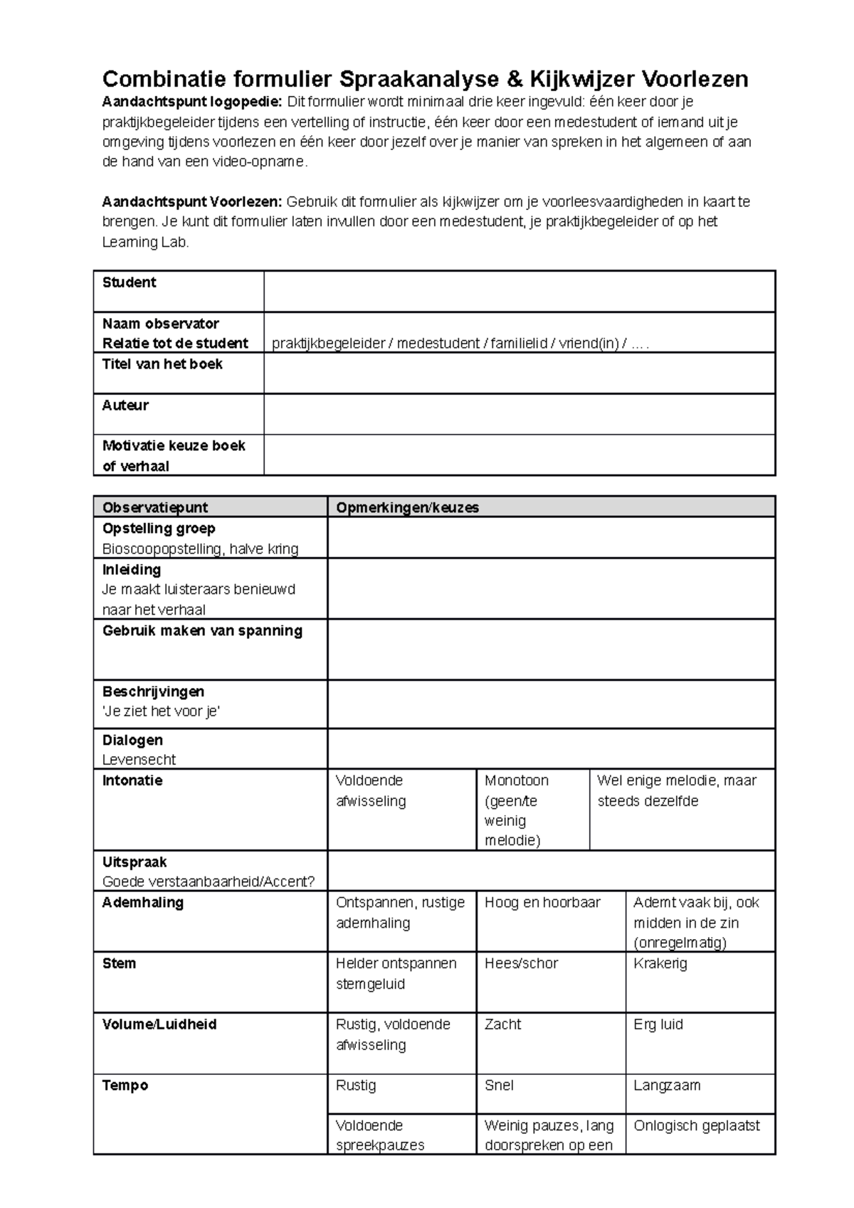 Spraakanalyse & Kijkwijzer Voorlezen Formulier voor Logopedie - Studeersnel