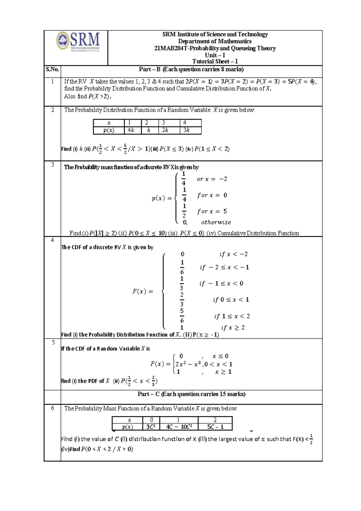 21MAB204T - PQT - AY 2025-26 - EVEN - Unit 1 Tutorial Sheet 1 - Studocu