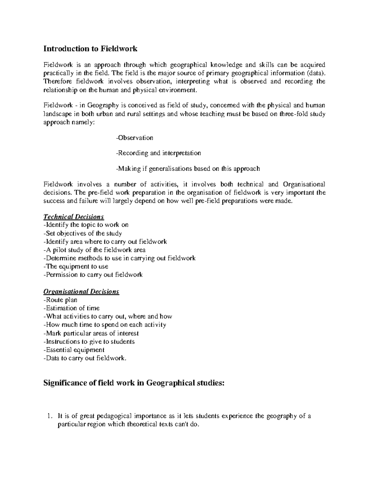 Geography Fieldwork: Methods, Data Collection, and Analysis - Studocu