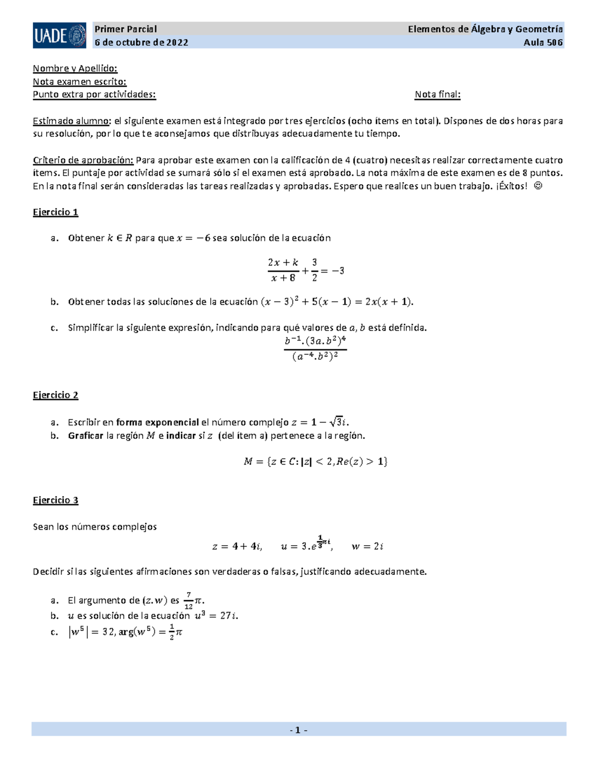 Modelo DEL Primer Parcial de Algebra y Geometría 2022 - Document Preview