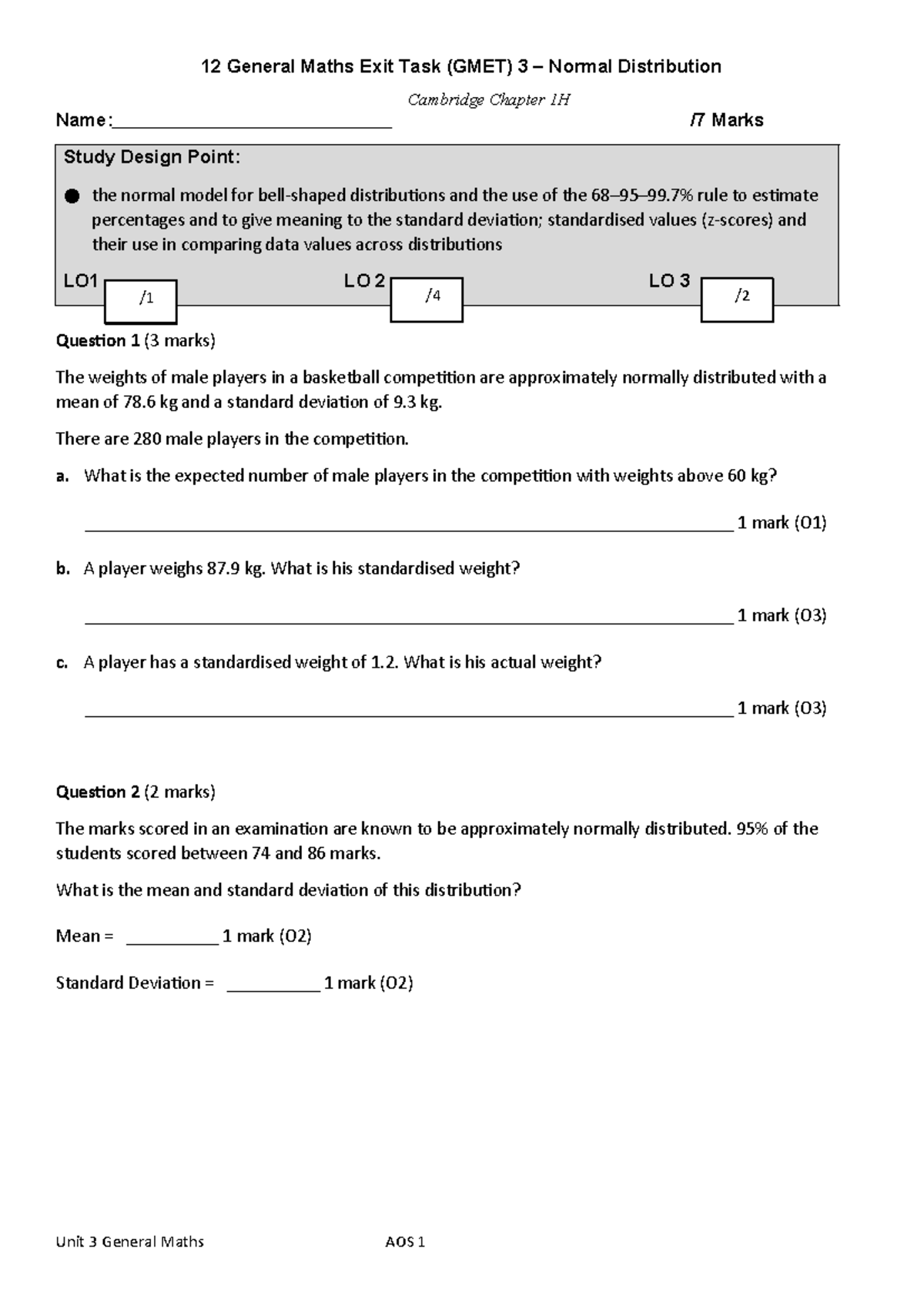 GMET 3 Normal Distribution Exit Task - Cambridge Chapter 1H - Studocu