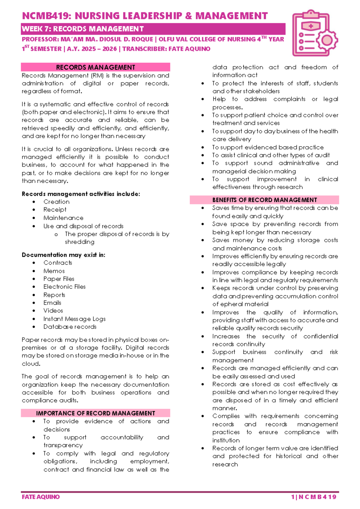 NCMB419: Week 7 Records Management Overview and Best Practices - Studocu