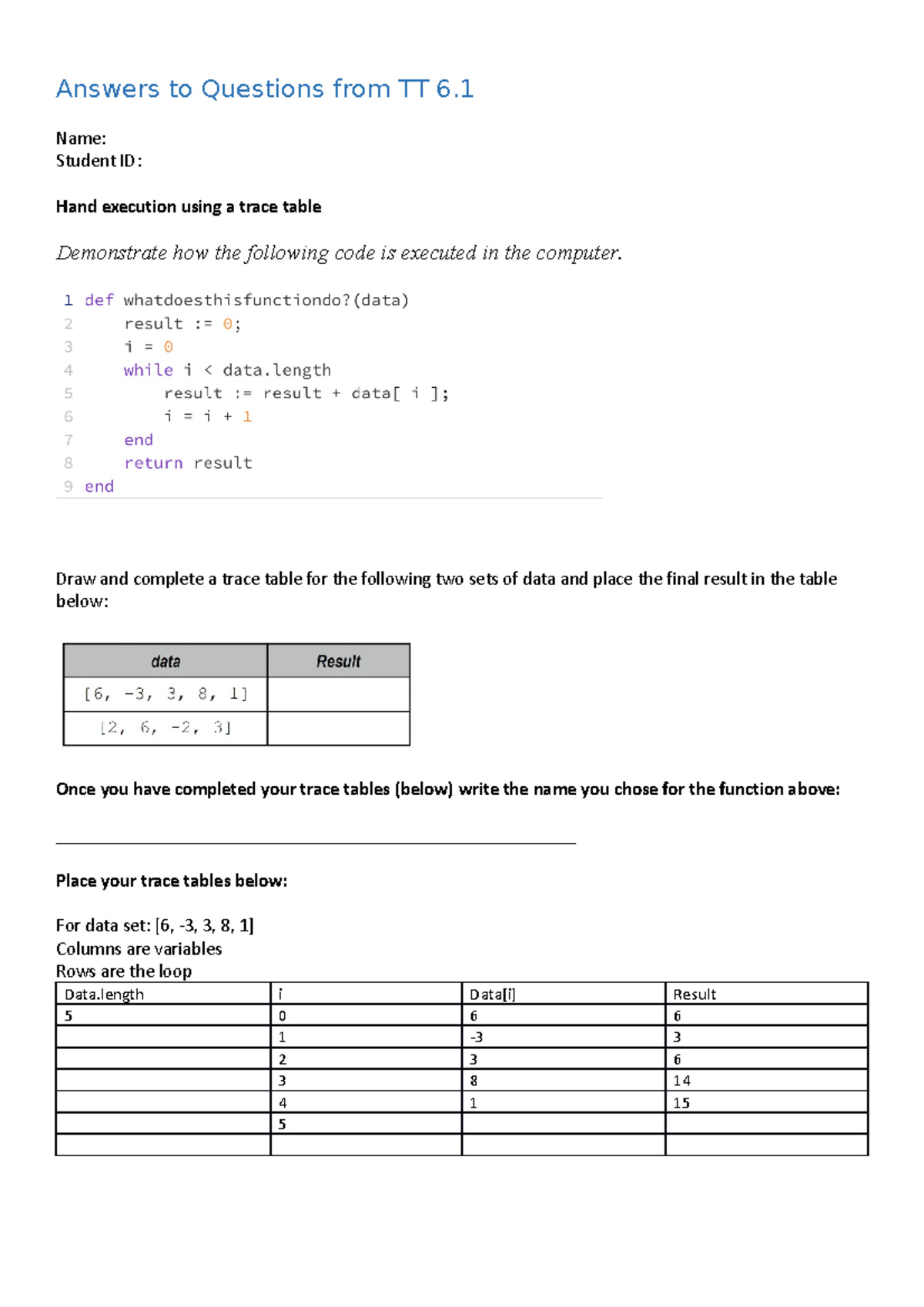 Tutorial Task - Hand execution - Arrays - Answers to Questions from TT ...