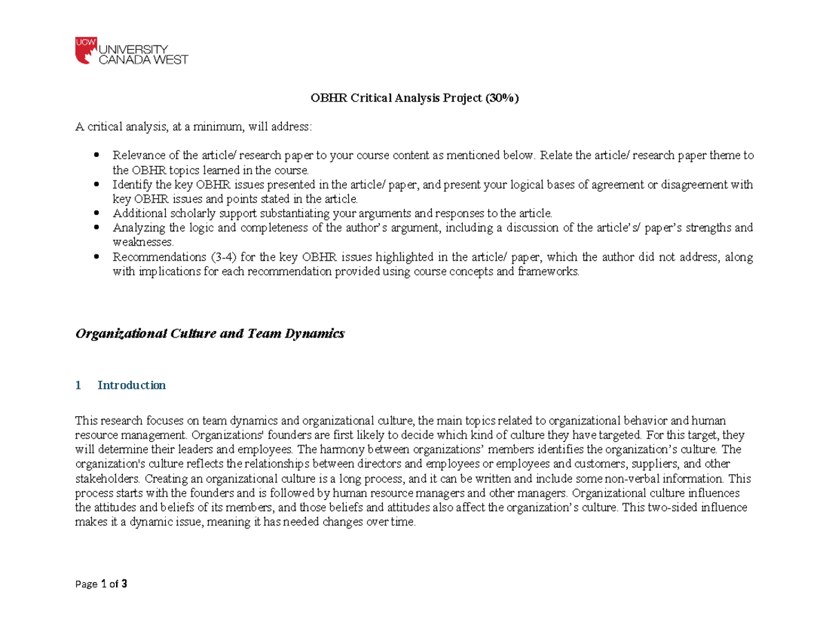 OBHR Critical Analysis Project: Insights on Org Culture & Team Dynamics ...