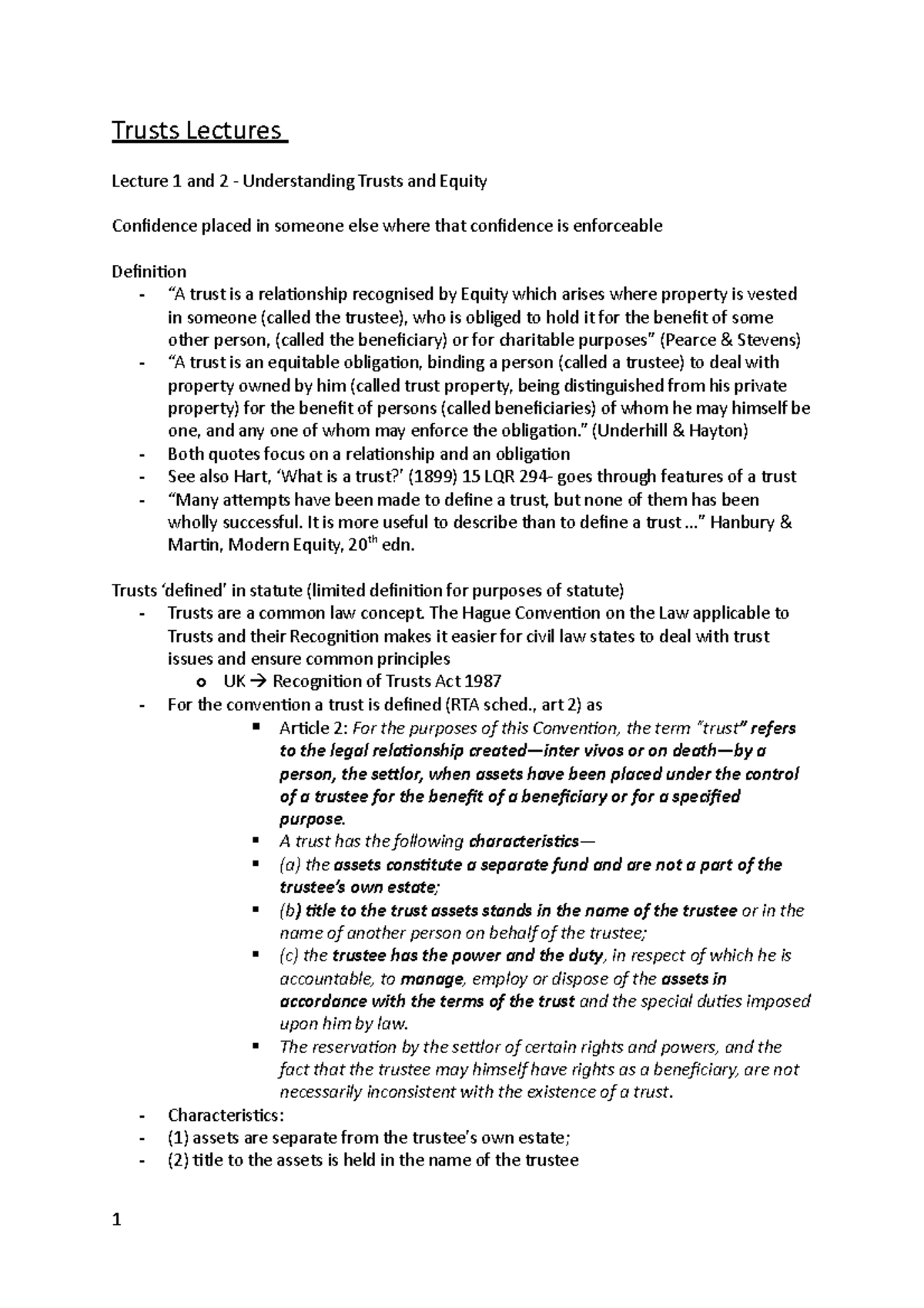 Trusts Course LEGL 202: Comprehensive Lecture Overview - Studocu