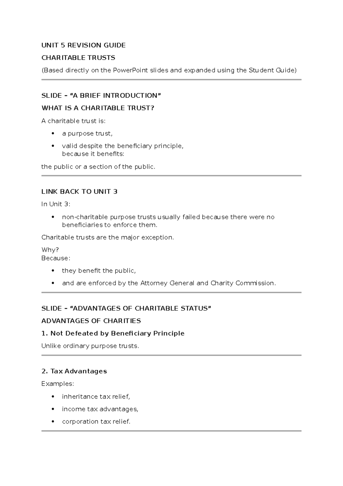 Equity and Trusts UNIT 5: Charitable Trusts Revision Guide - Studocu