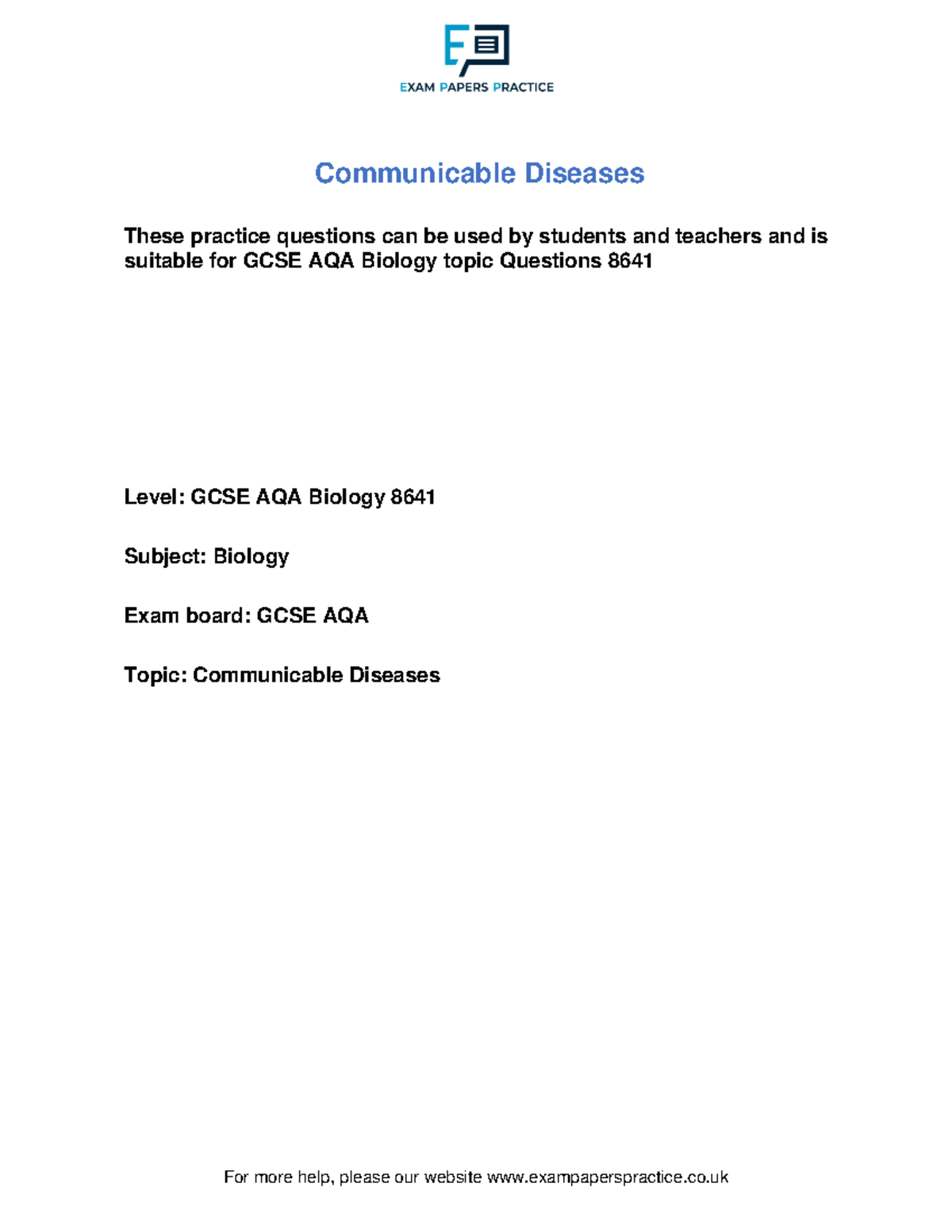 GCSE AQA Biology 8641: Communicable Diseases Practice Questions - Studocu