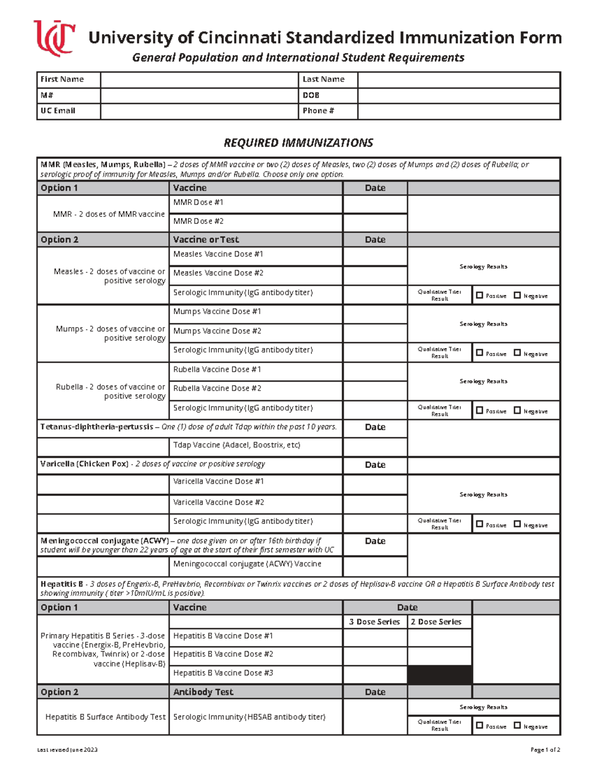 UC Standardized Immunization Form for General & International Students ...