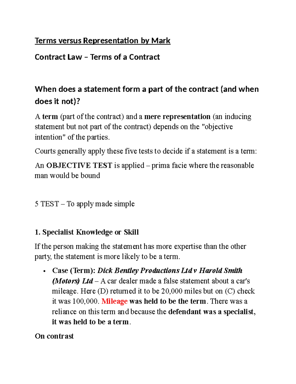 Contract Law: Terms vs. Representation Analysis (CL 101) - Studocu