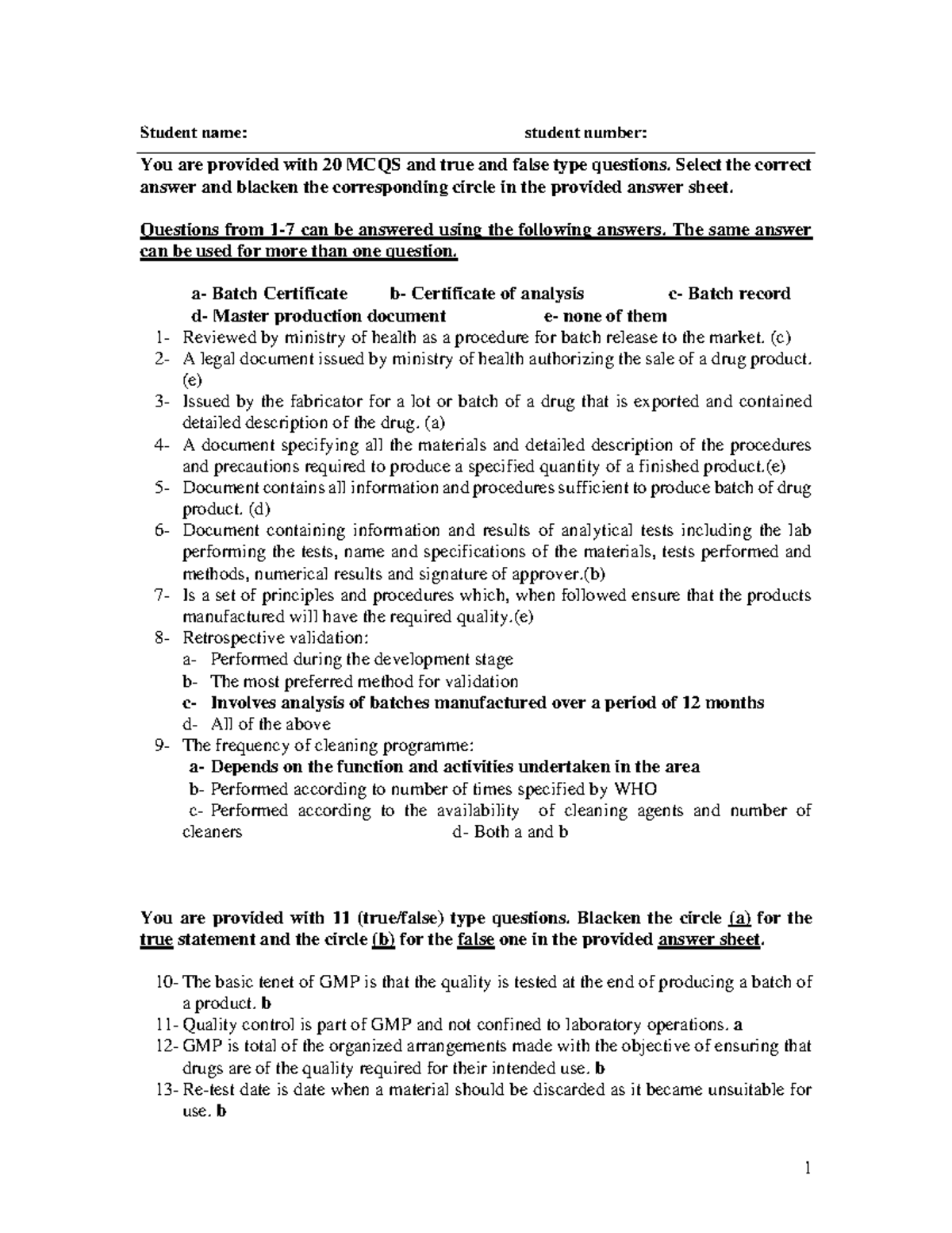 Midterm Exam GMP (GMP 101) with Answers: MCQs & True/False - Studocu