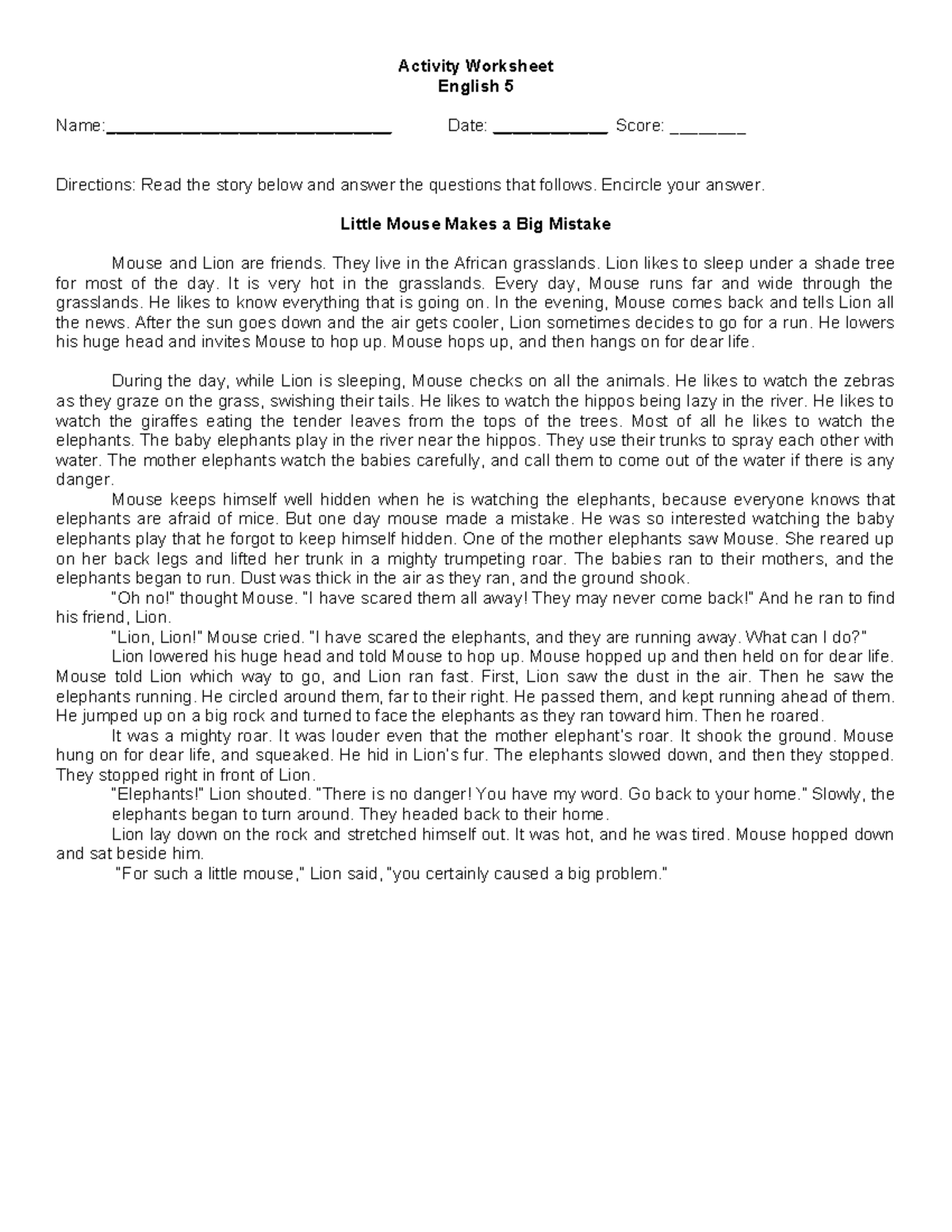 English 5 -Activity Worksheet - Activity Worksheet English 5 Name
