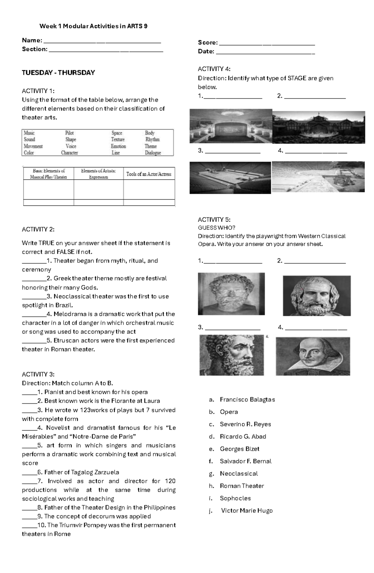 Week 1 Modular Activities in ARTS 9: Theater Arts Classification and ...