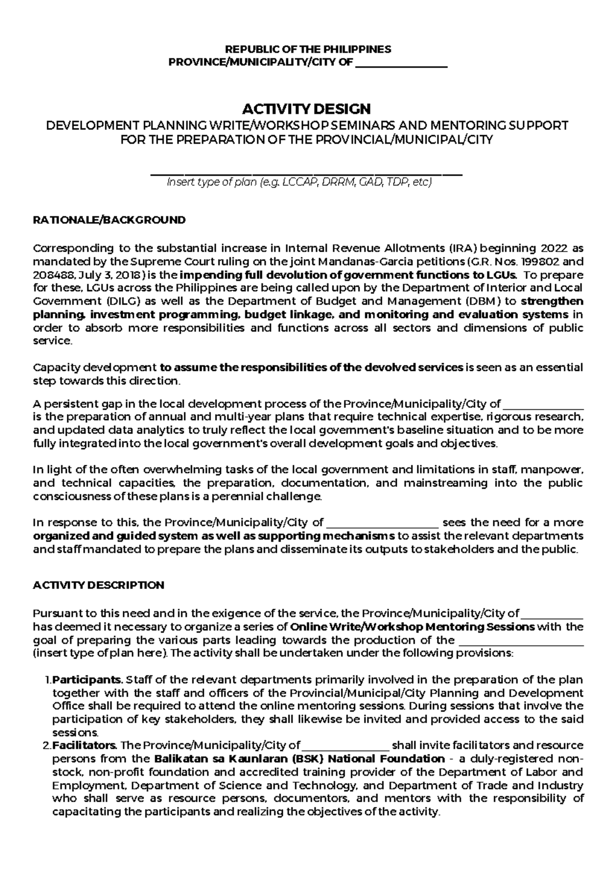 Suggested Activity Design Policy Design Mentorship - REPUBLIC OF THE ...