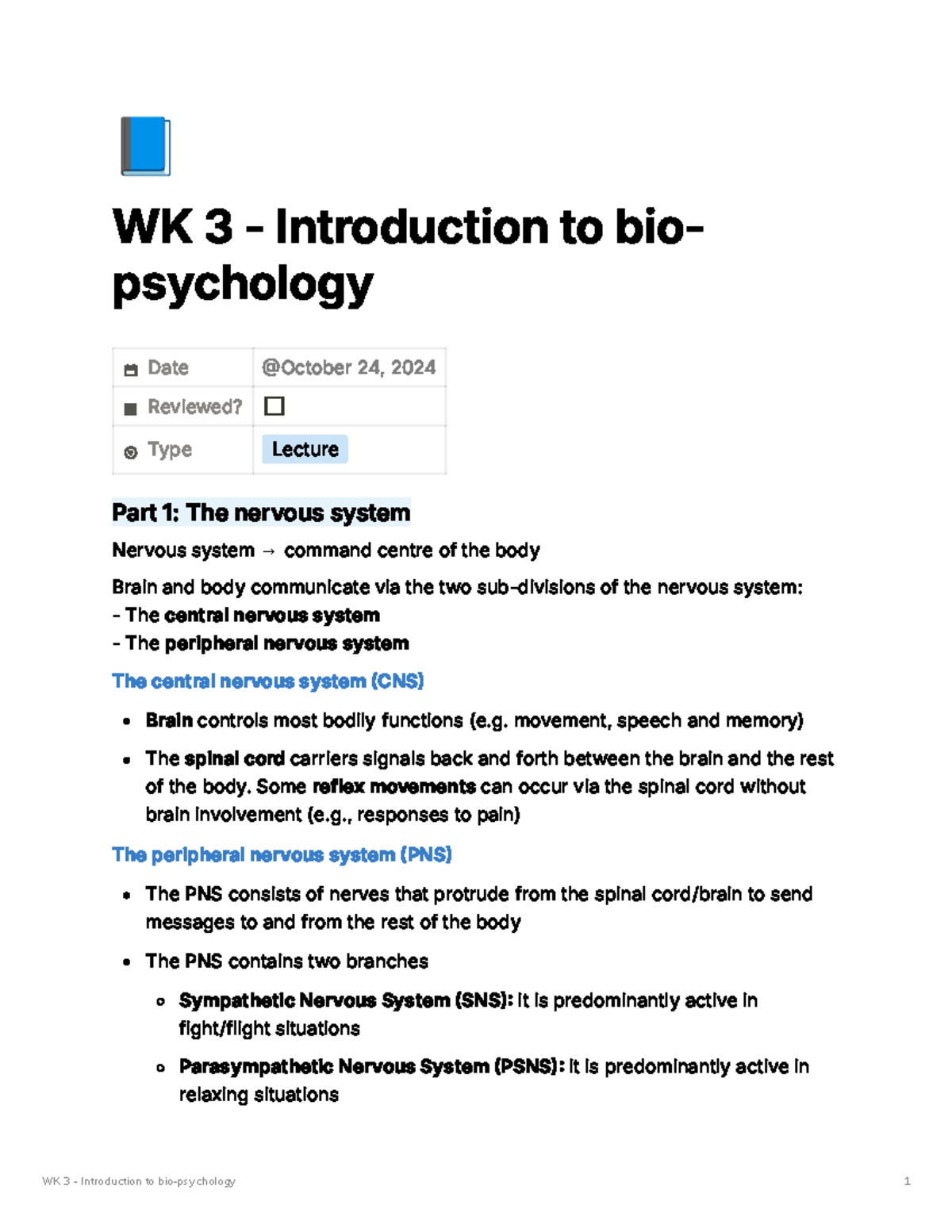 Week 3 - Intro to Biopsychology Lecture Notes: Nervous System Overview ...